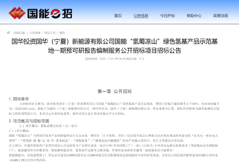 10萬噸綠氨！國家能源集團擬建綠色氫基產品基地